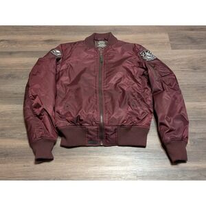 Top Gun Mens MA-1 Bomber Flight Jacket Burgundy Maroon Patches Size M 04H1702